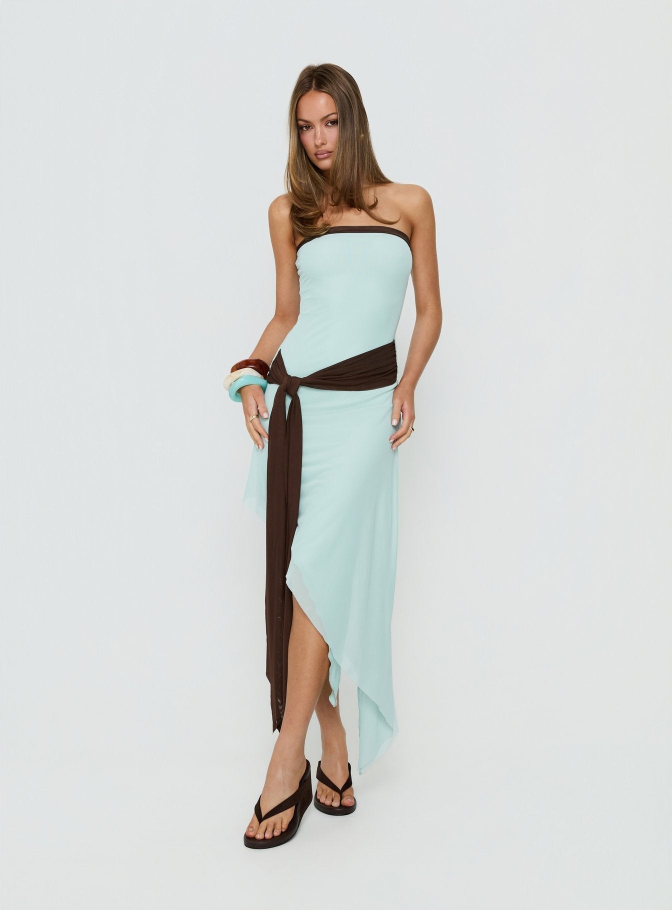 Esperina Strapless Asymmetrical Midi Dress Jelly Mint / Brown