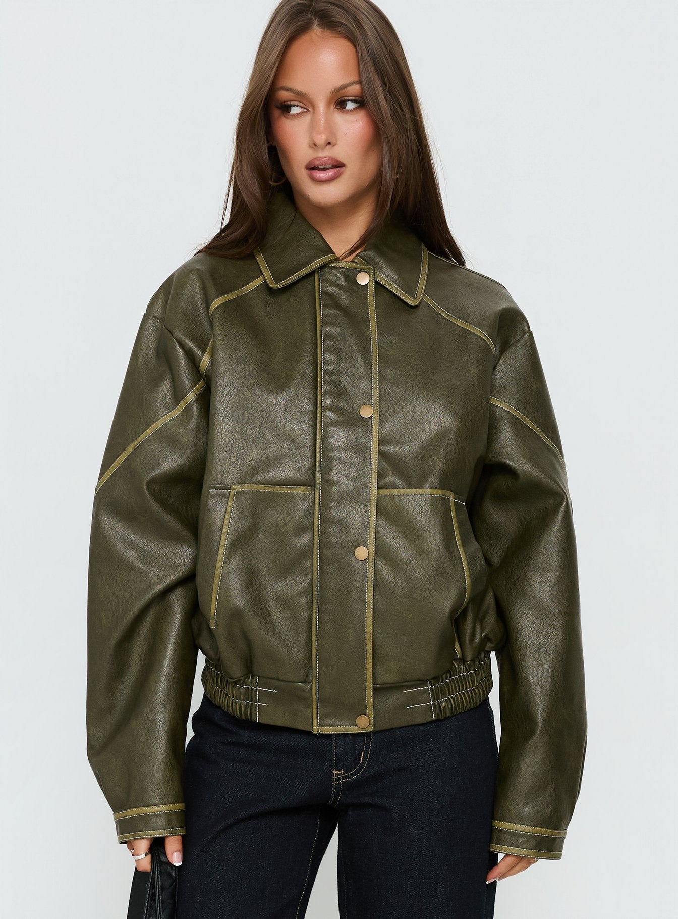 Jaxton Faux Leather Bomber Jacket Olive
