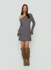 Katileya Off Shoulder Long Sleeve Mini Dress Brown / Blue Stripe