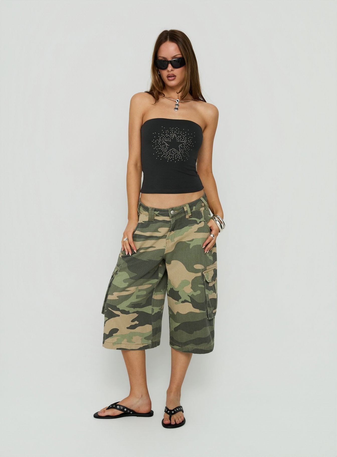 Shimmering Studded Strapless Top Charcoal