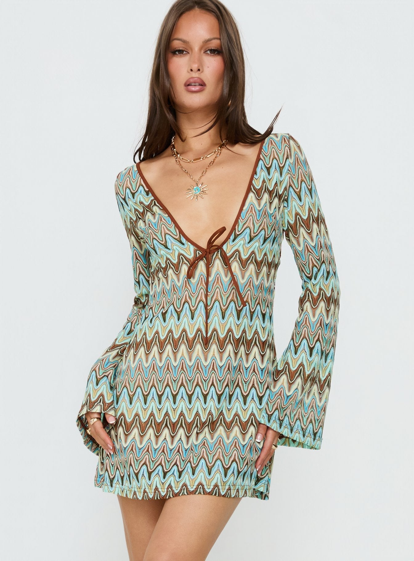 Rizario Long Sleeve Crochet Mini Dress Blue Multi