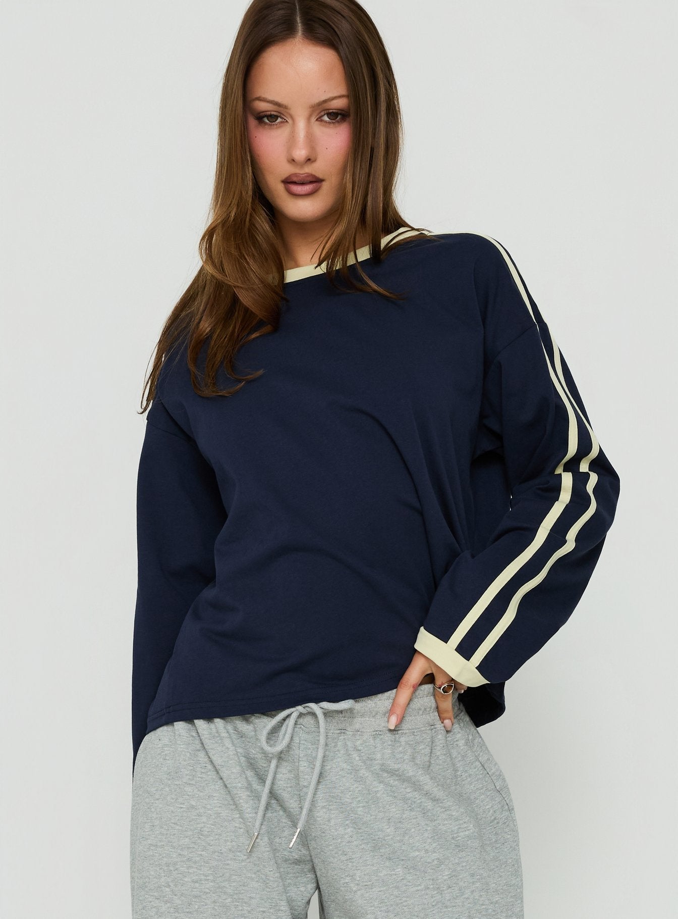 Settle Down Long Sleeve Contrast Top Navy / Yellow Stripe