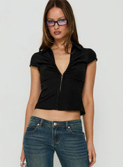 Oceanna Ruched Short Sleeve Collared Top Black