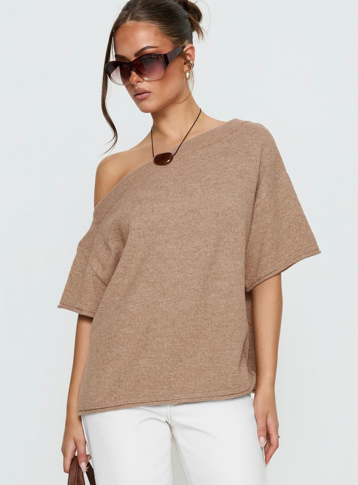 Kourta Off Shoulder Oversized Knit Top Mocha