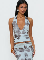 Roselin Mesh Halter Top Blue Floral