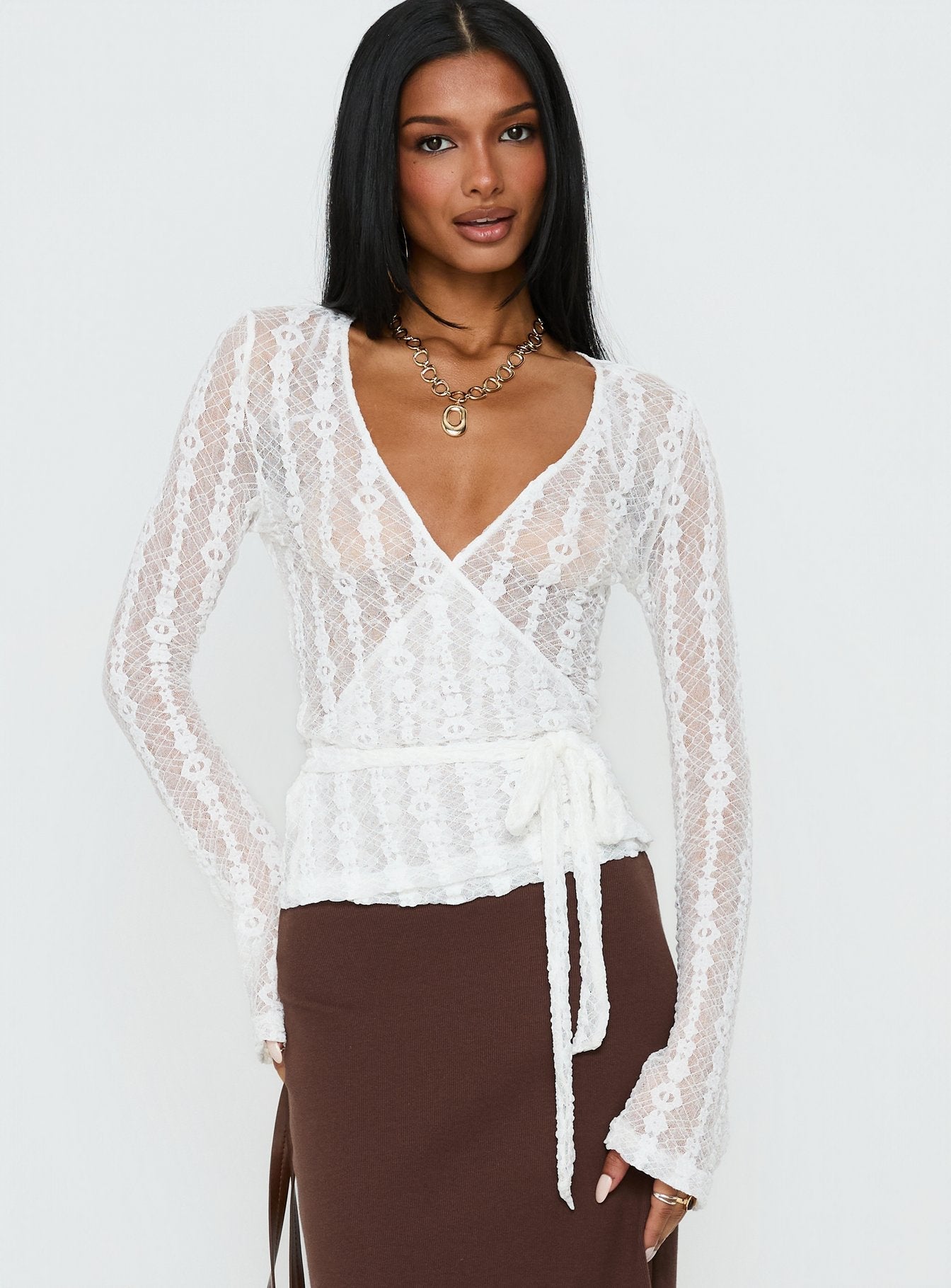 Melara Lace Long Sleeve Wrap Top White