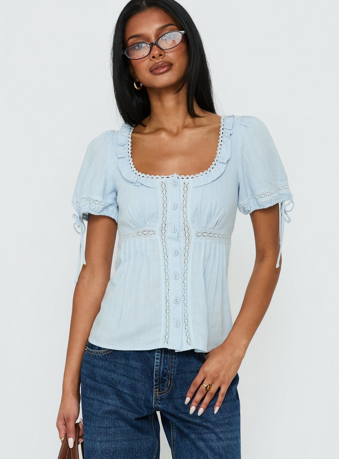 Indianah Pleat Lace Panel Blouse Top Blue