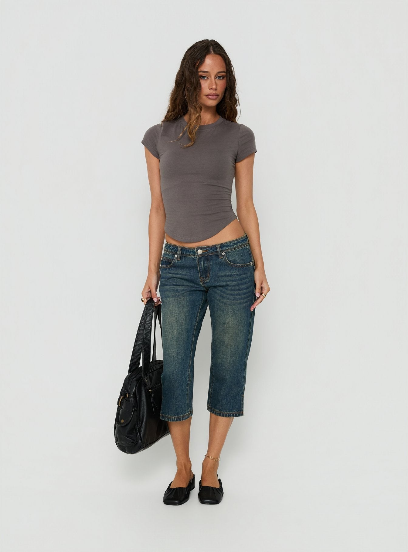 Ceilea Ultra Low Rise Denim Capri Pants Dirty Blue