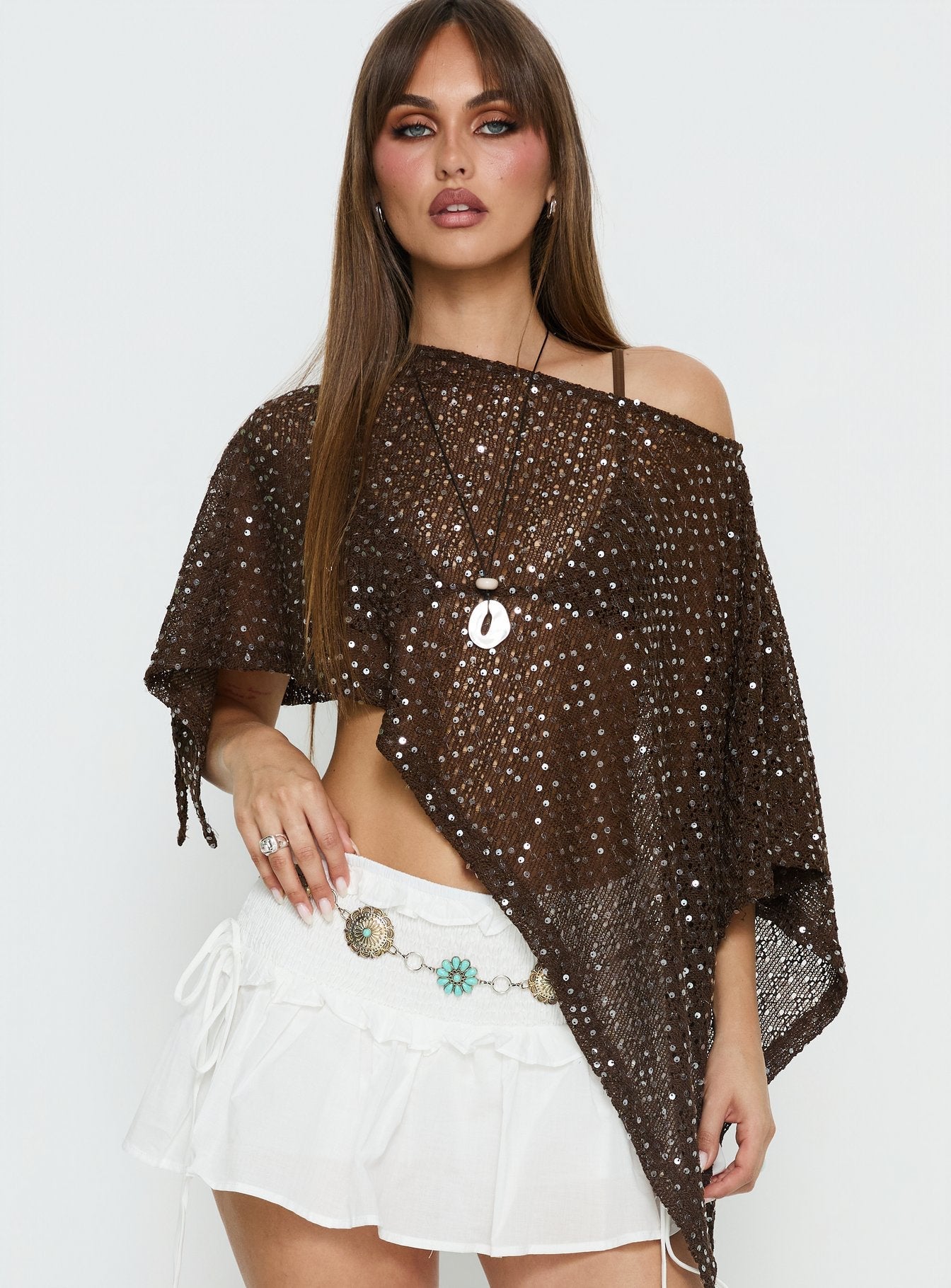 Grotto Asymmetrical Boat Neck Poncho Brown Sparkle