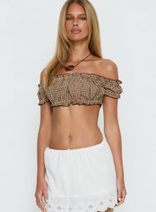 We Can't Stop Ruched Strapless Top Brown Gingham