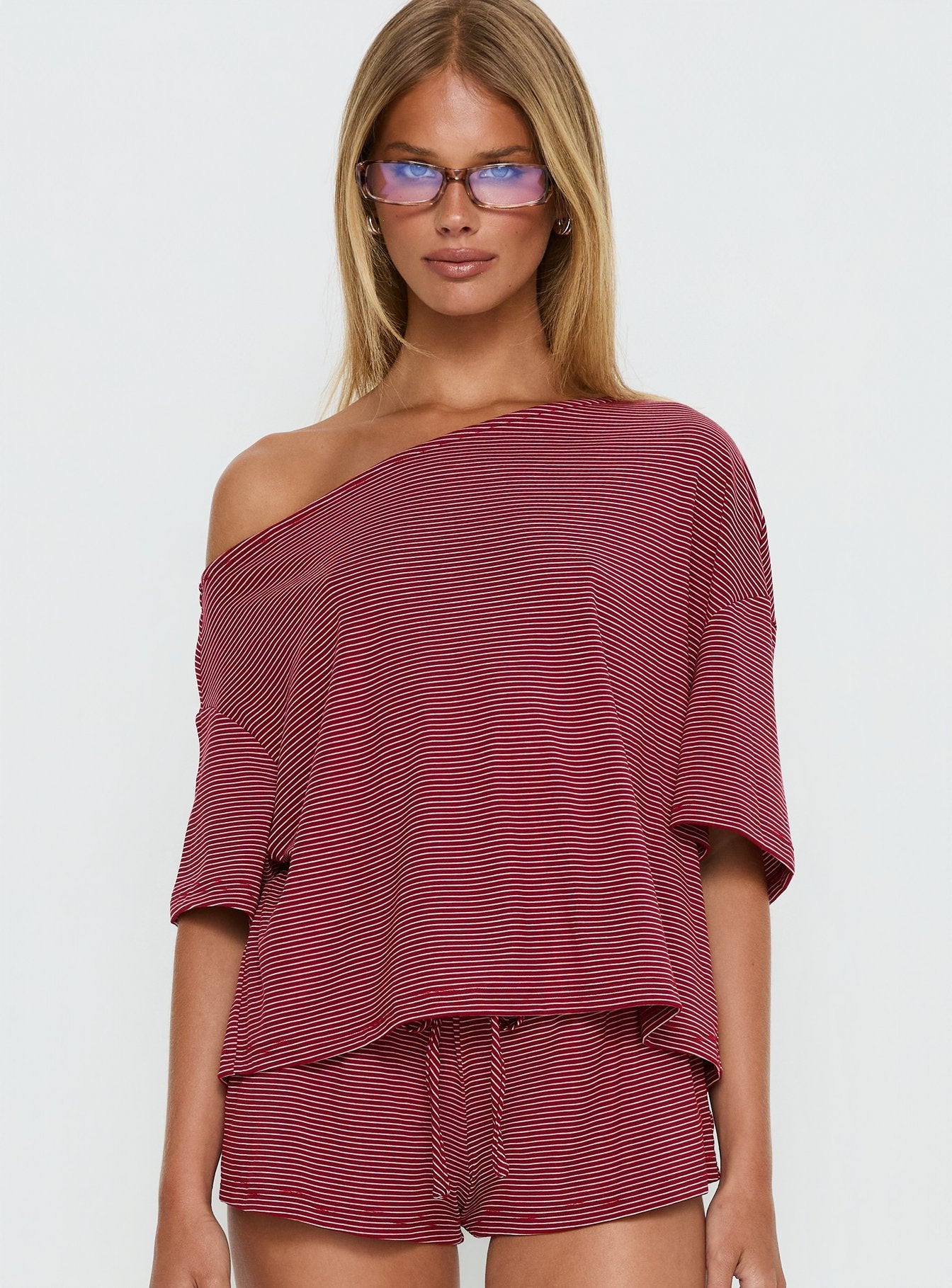 Sugar Surge Off Shoulder Sleep Top Cherry Stripe