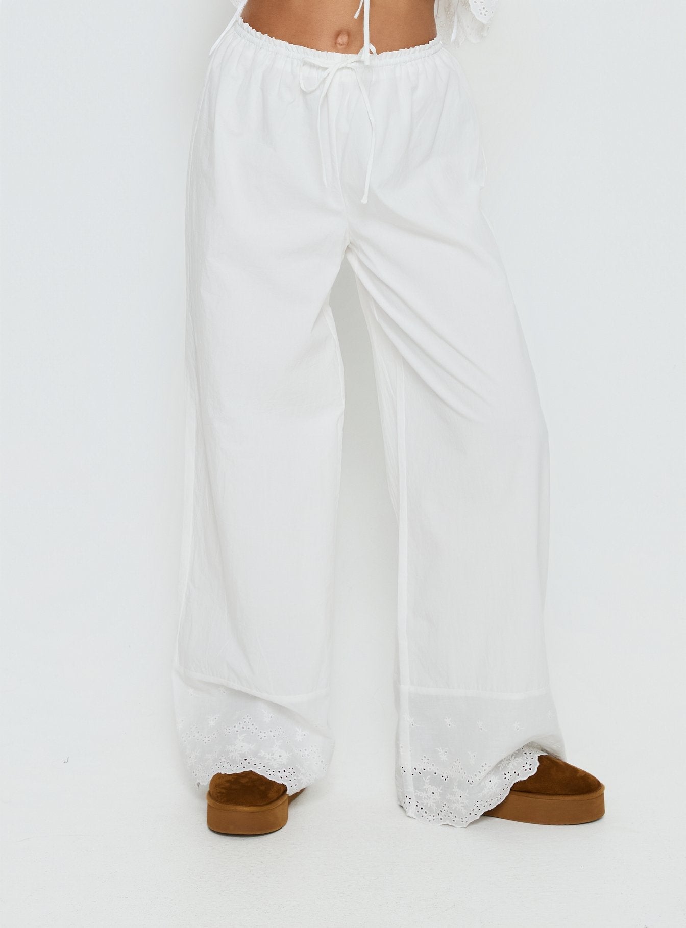 Kissed Chaos Broderie Anglais Tie Waist Pants White