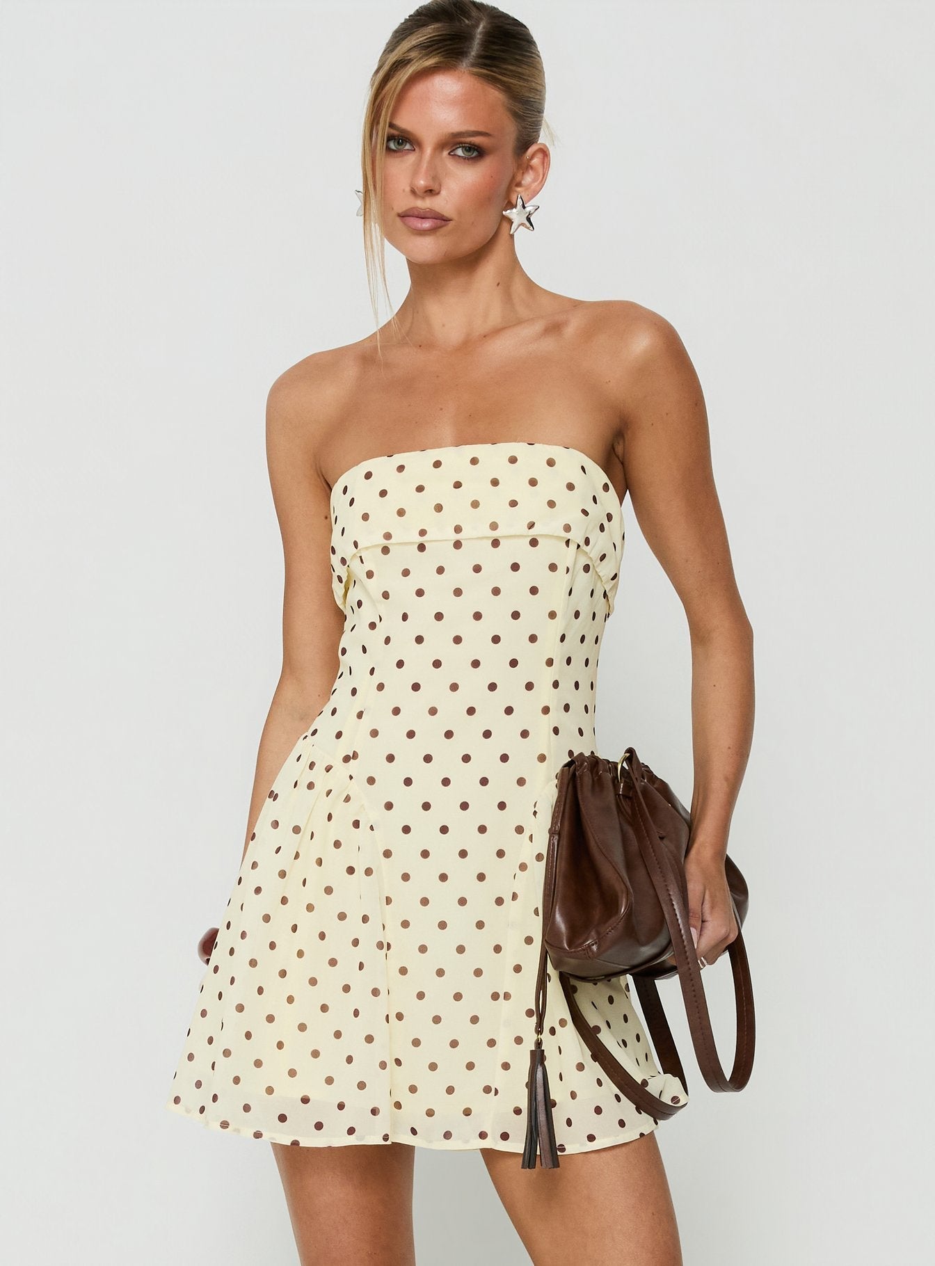 Dalona Strapless Drop Waist Mini Dress Yellow Polka Dot