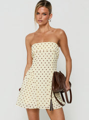 Dalona Strapless Drop Waist Mini Dress Yellow Polka Dot