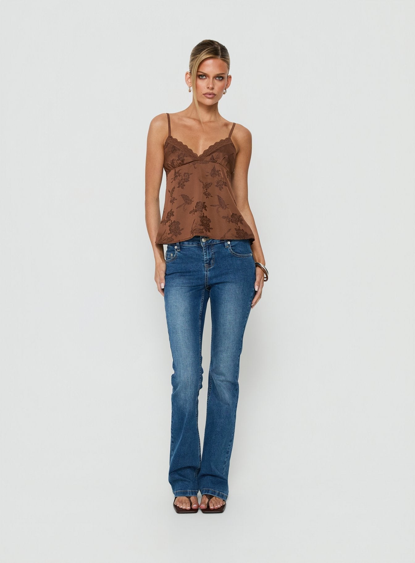 Had Me At Hello Lace Trim Floral Detail Top Chocolate