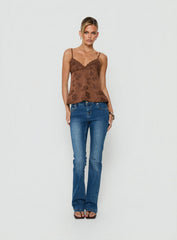 Had Me At Hello Lace Trim Floral Detail Top Chocolate