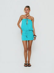 Upper Echelon Draped Strapless Mini Dress Cyan