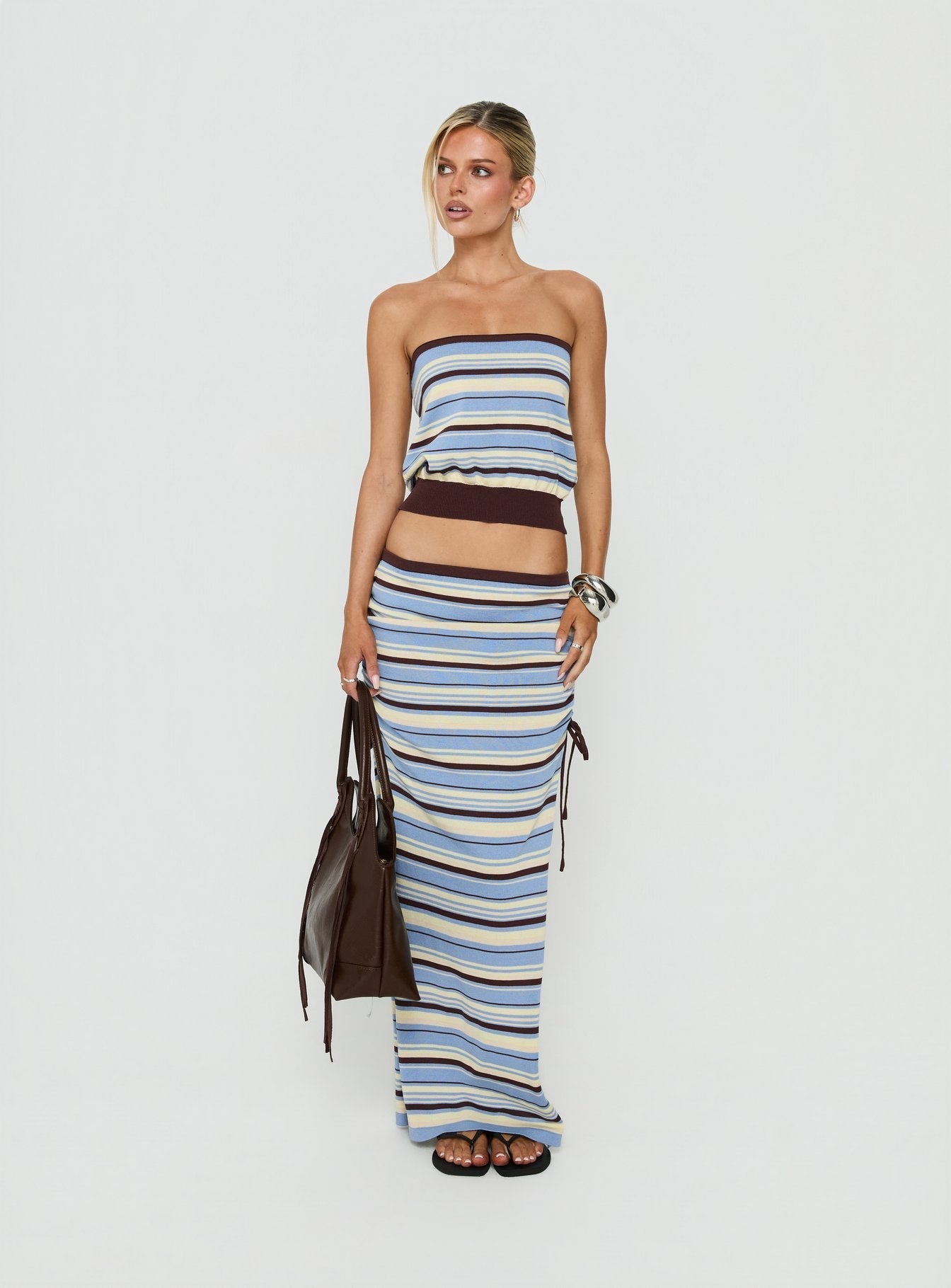 Osamie Knit Drawstring Maxi Skirt Multi Stripe