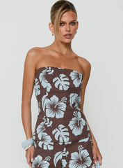 Kallee Strapless Top Brown / Blue Floral