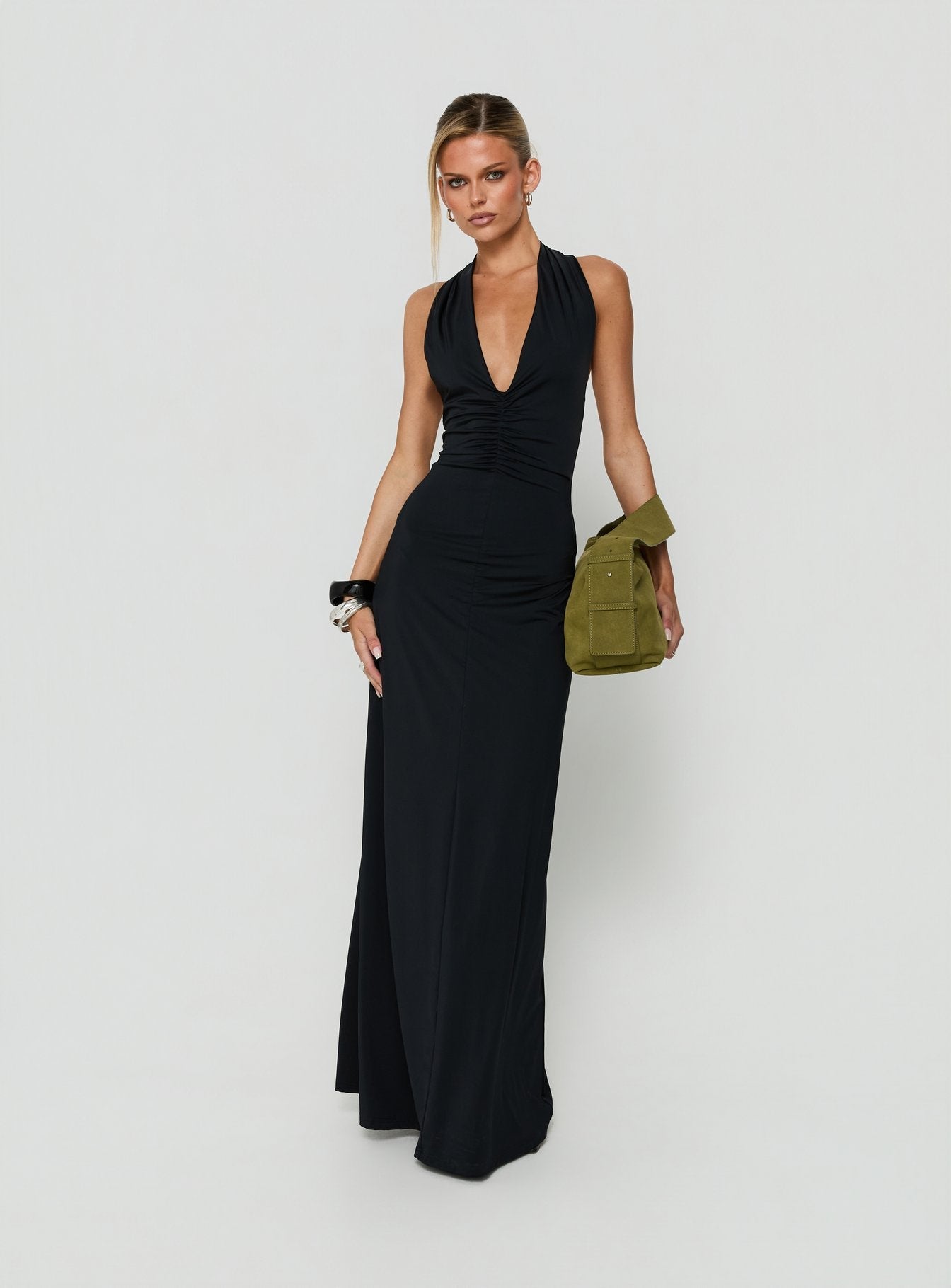 Dreamt Of You Plunge Neck Halter Maxi Dress Black