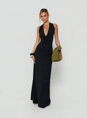 Dreamt Of You Plunge Neck Halter Maxi Dress Black