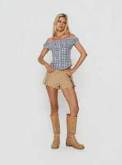 Bravely Off Shoulder Button Up Top Blue Check