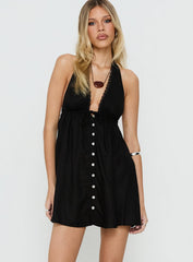 Easy Going Button Detail Halter Linen Mini Dress Black