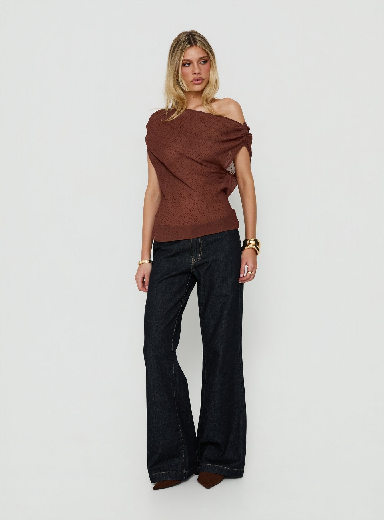 Orya Sheer Drape Off Shoulder Top Brown