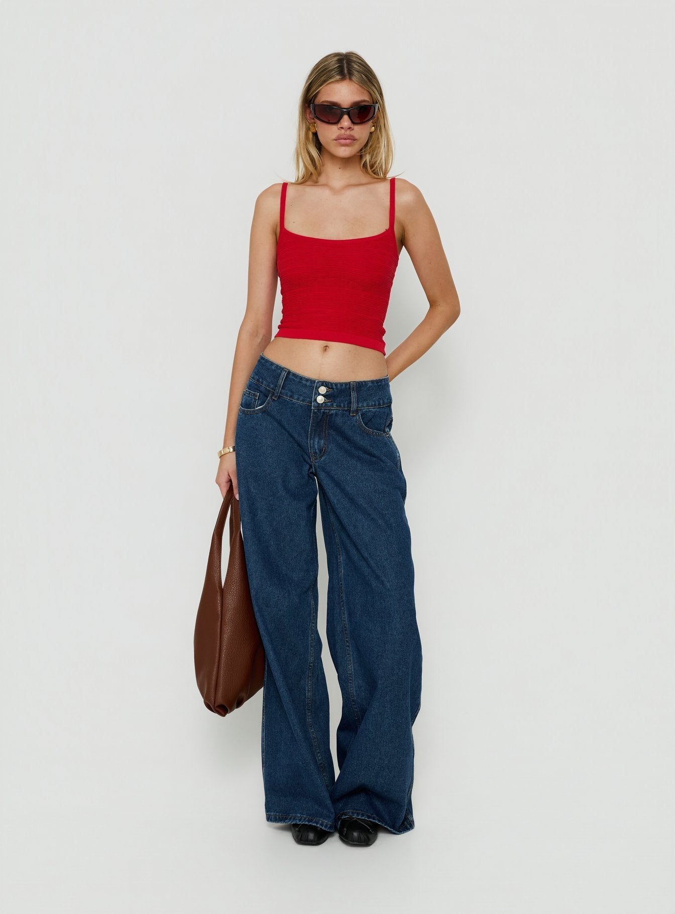 Ramos Low Rise Double Button Wide Leg Jeans Dark Indigo