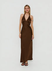 Adamaria Plunge Halter Lace Trim Maxi Dress Chocolate