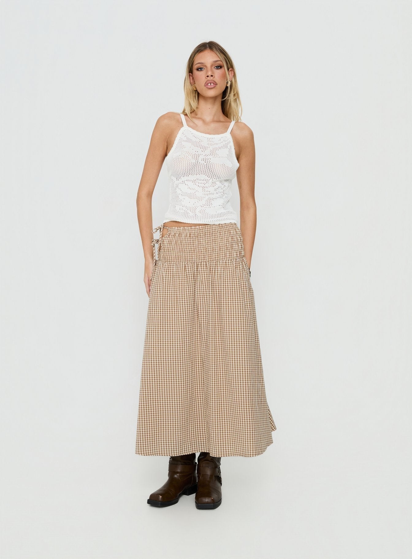 Vence Ruched Maxi Skirt Brown Gingham