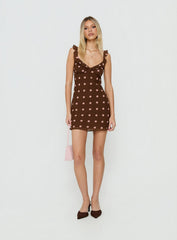 Lozie Frill V Neck Mini Dress Brown Polka Dot
