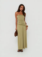 Isolina Strapless Ruched Maxi Dress Sage Green