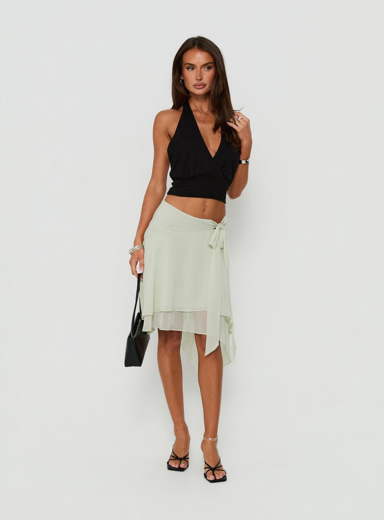Ophella Tie Waist Chiffon Midi Skirt Sage