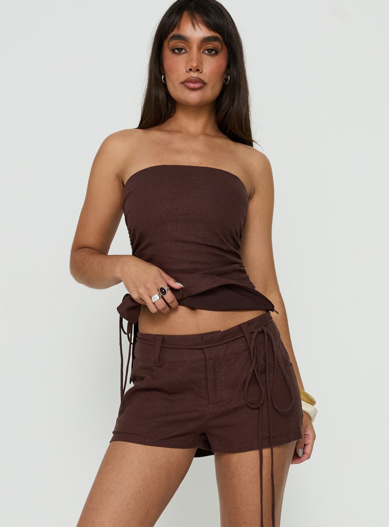 Lylie Linen Blend Tie Side Micro Shorts Brown