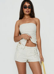 Lylie Linen Blend Tie Side Micro Shorts Cream Polka Dot