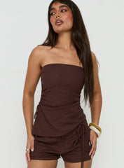 Defined Strapless Gathered Linen Blend Top Brown