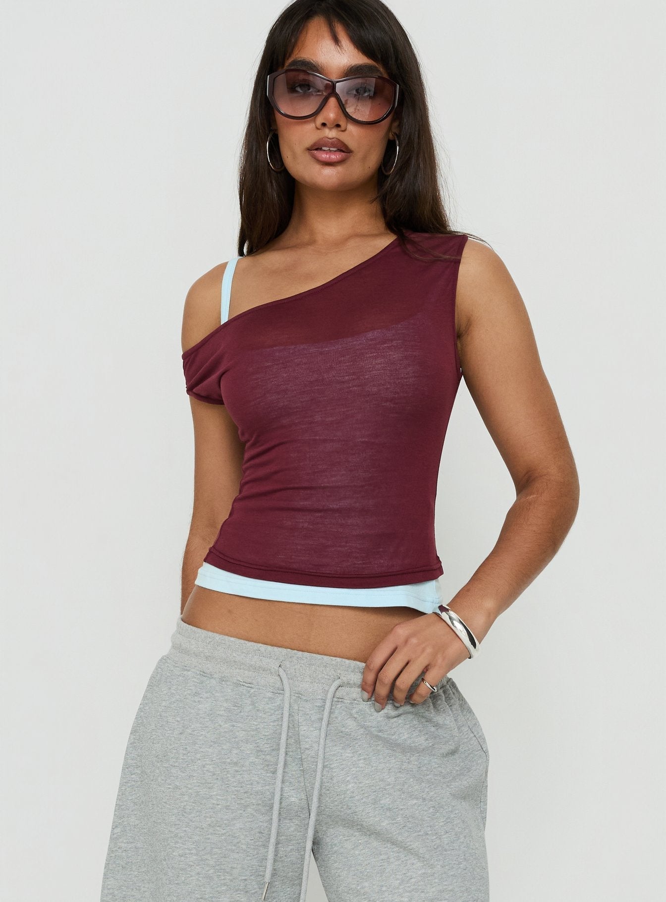 Klaretta Off Shoulder Draped Layered Top Burgundy / Blue
