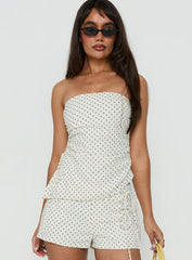 Defined Strapless Gathered Linen Blend Top Cream Polka Dot