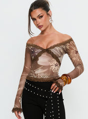 Katlyne Long Sleeve Lace Trim Top Brown Floral