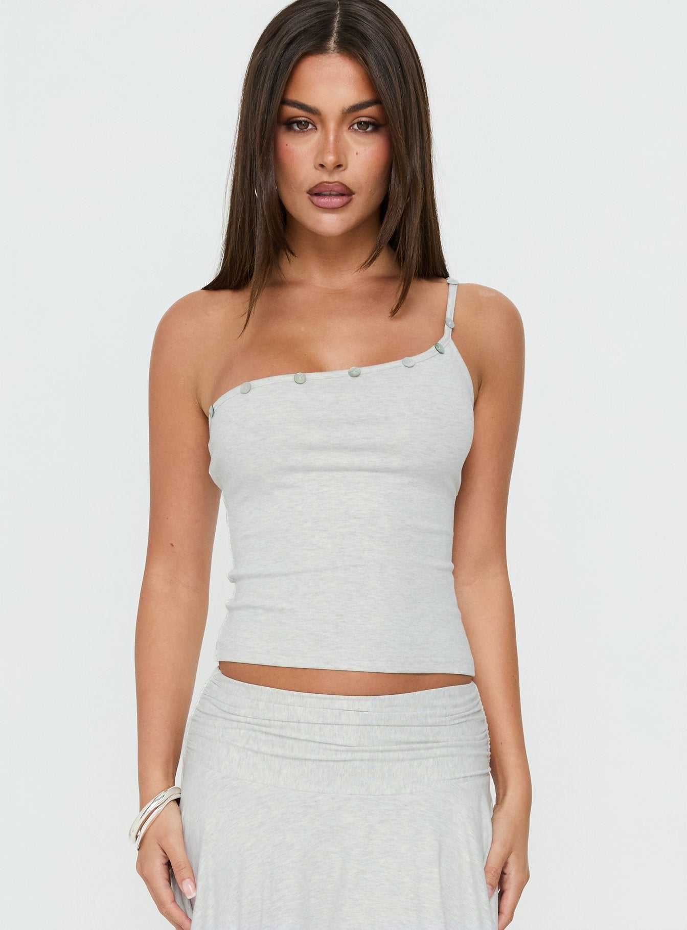 Mimmi One Shoulder Button Detail Top Grey