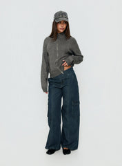 Nikoletta Mid Rise Wide Leg Cargo Jeans Dark Blue Wash