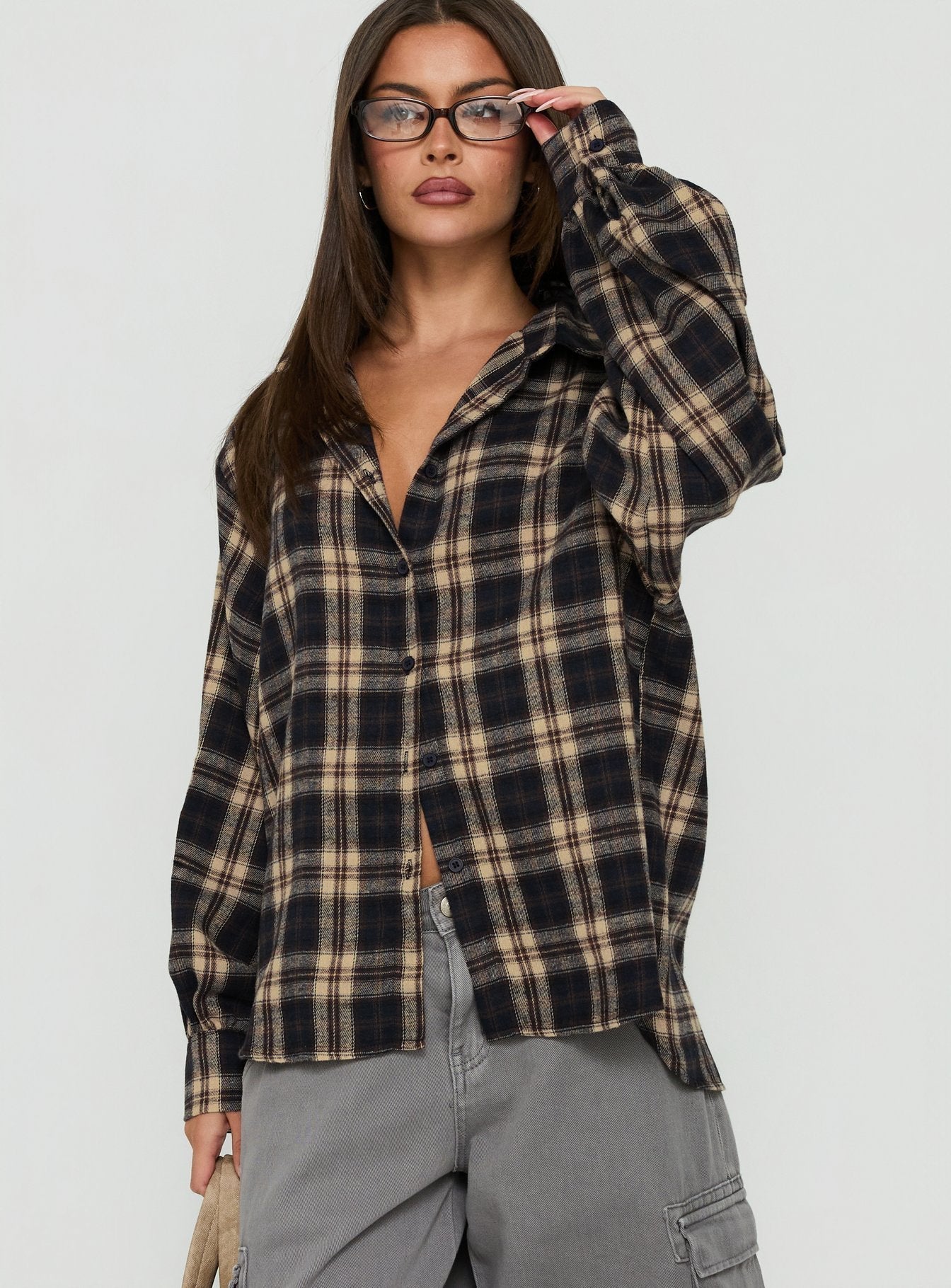 Caydence Long Sleeve Button Down Flannel Top Check Multi
