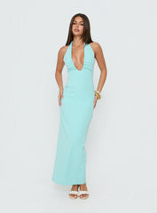 Soft Storm Plunge Halter Maxi Dress Turquoise