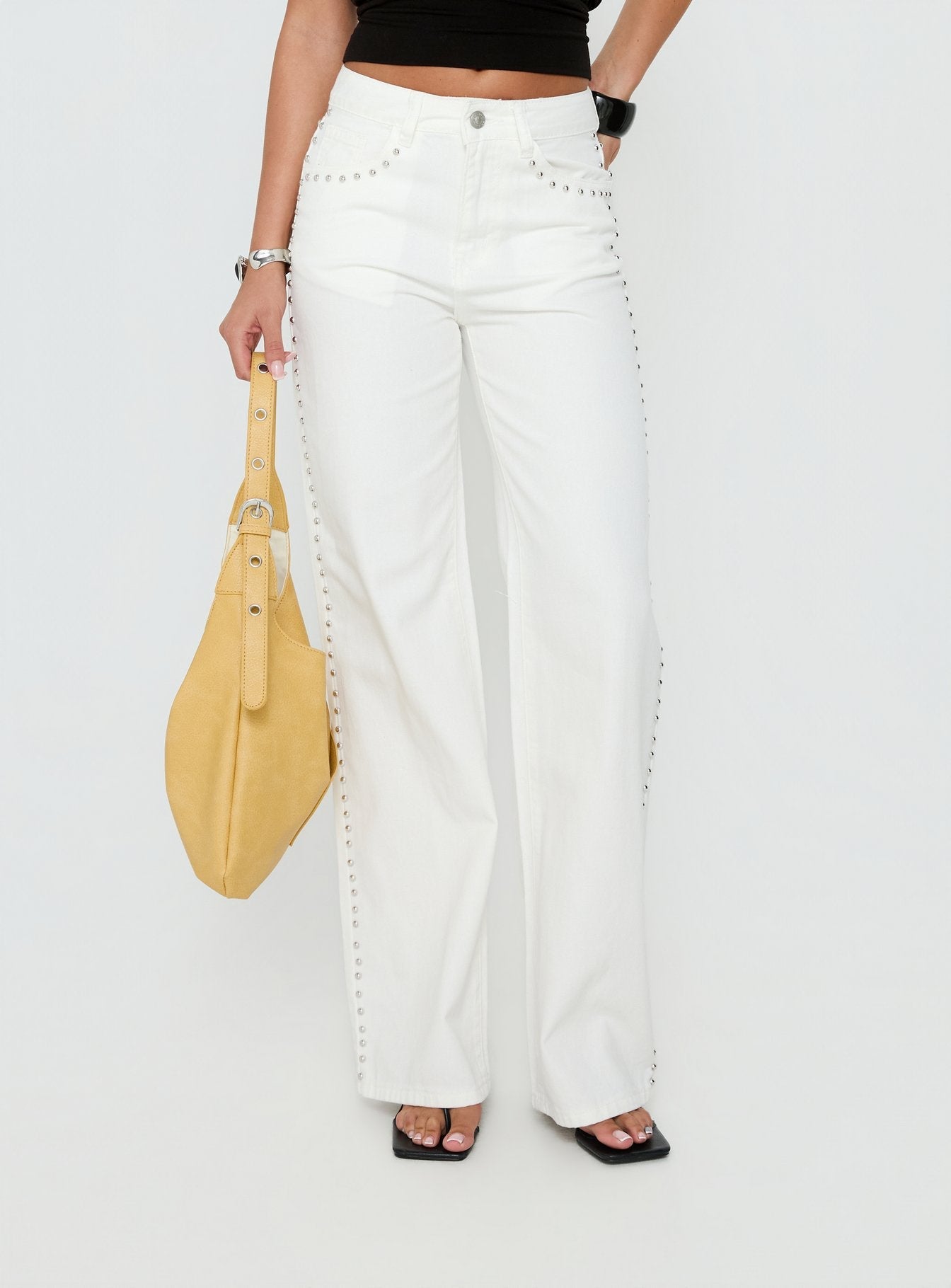Saving Up Mid Rise Straight Leg Studded Jeans White