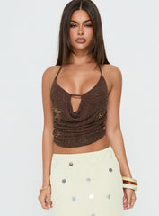 Danee Beaded Mesh Halter Top Brown