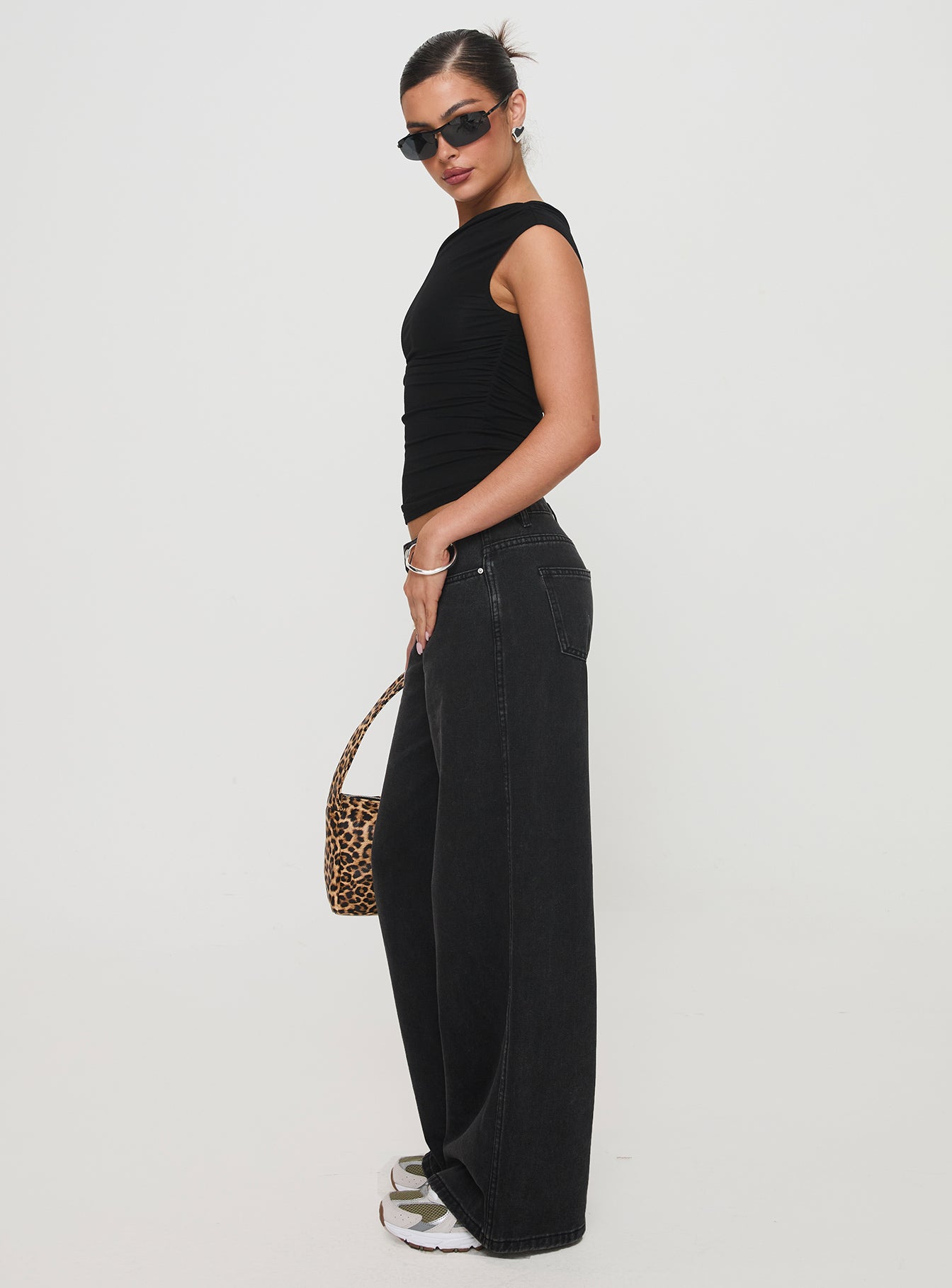 Ramos Low Rise Wide Leg Denim Jeans Washed Black
