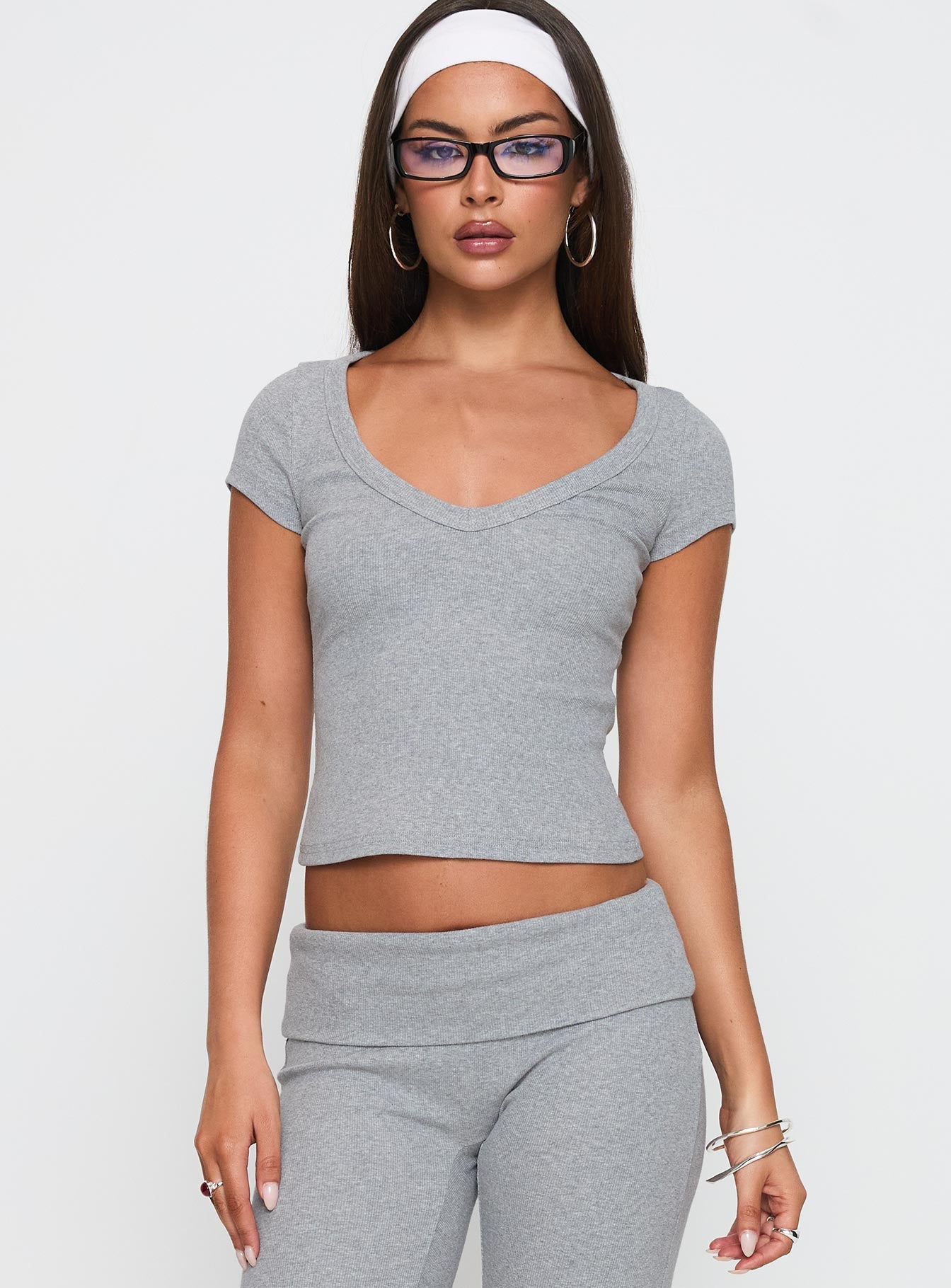 Lovely Day V Neck Top Grey Marle