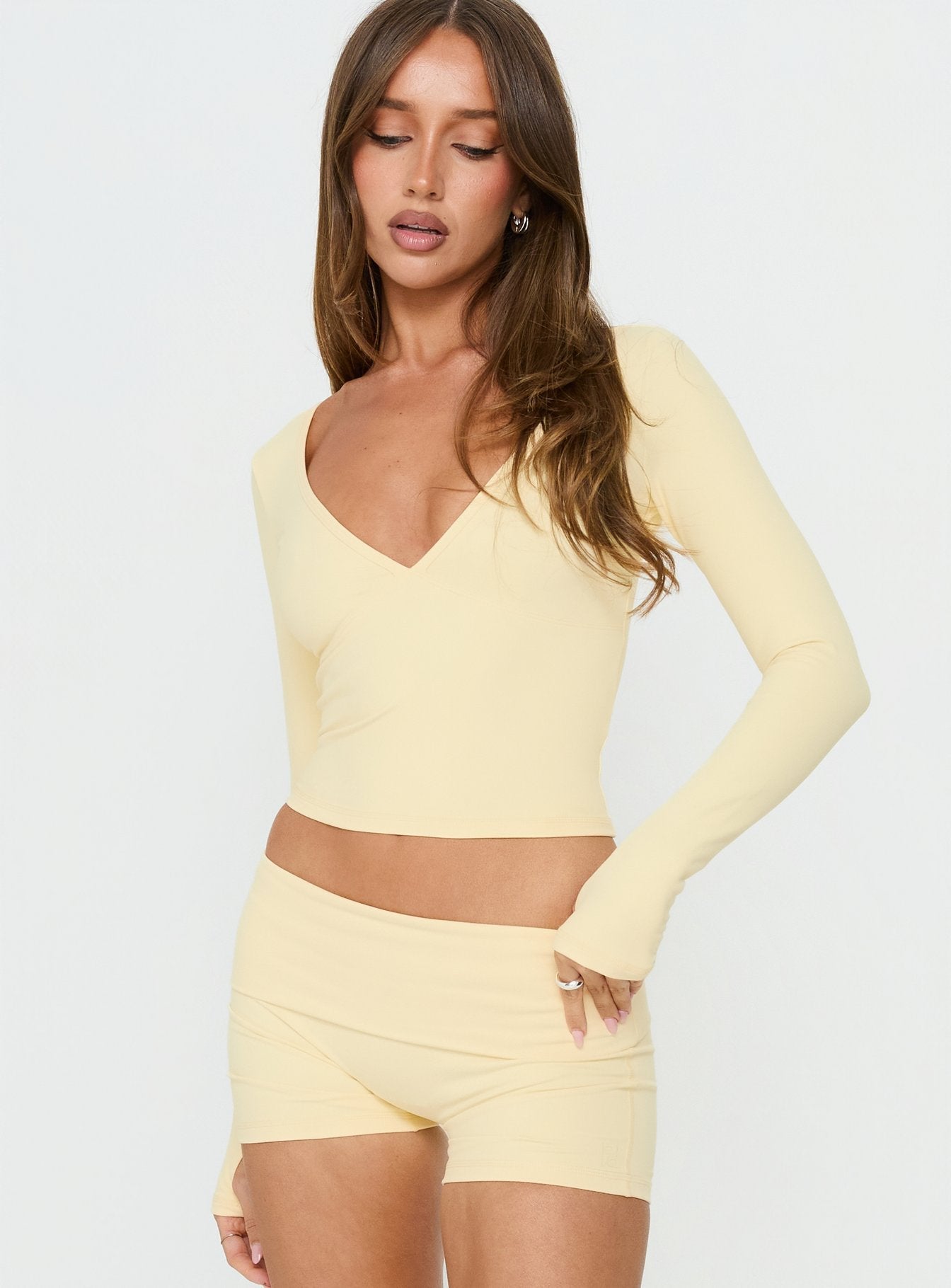 New Horizons Long Sleeve V Neck Top Butter Yellow