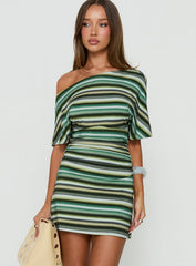 Mista Off Shoulder Asymmetrical Mini Dress Blue Multi Stripe